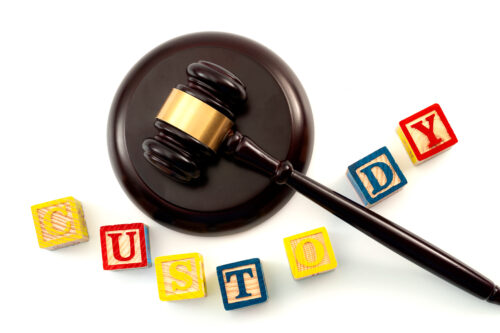 A judge’s gavel rests beside colorful toy blocks that spell out "CUSTODY" on a white background, symbolizing child custody or family law issues.